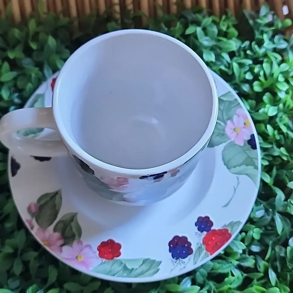 Vintage Stoneware Berries Teacup & Saucer Cottage Core Farmhouse Chic